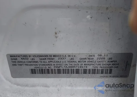 2011 Volkswagen Jetta Sportwagen 2.0L Tdi z USA, uszkodzony, nr VIN 3VWPL7AJ8BM714574